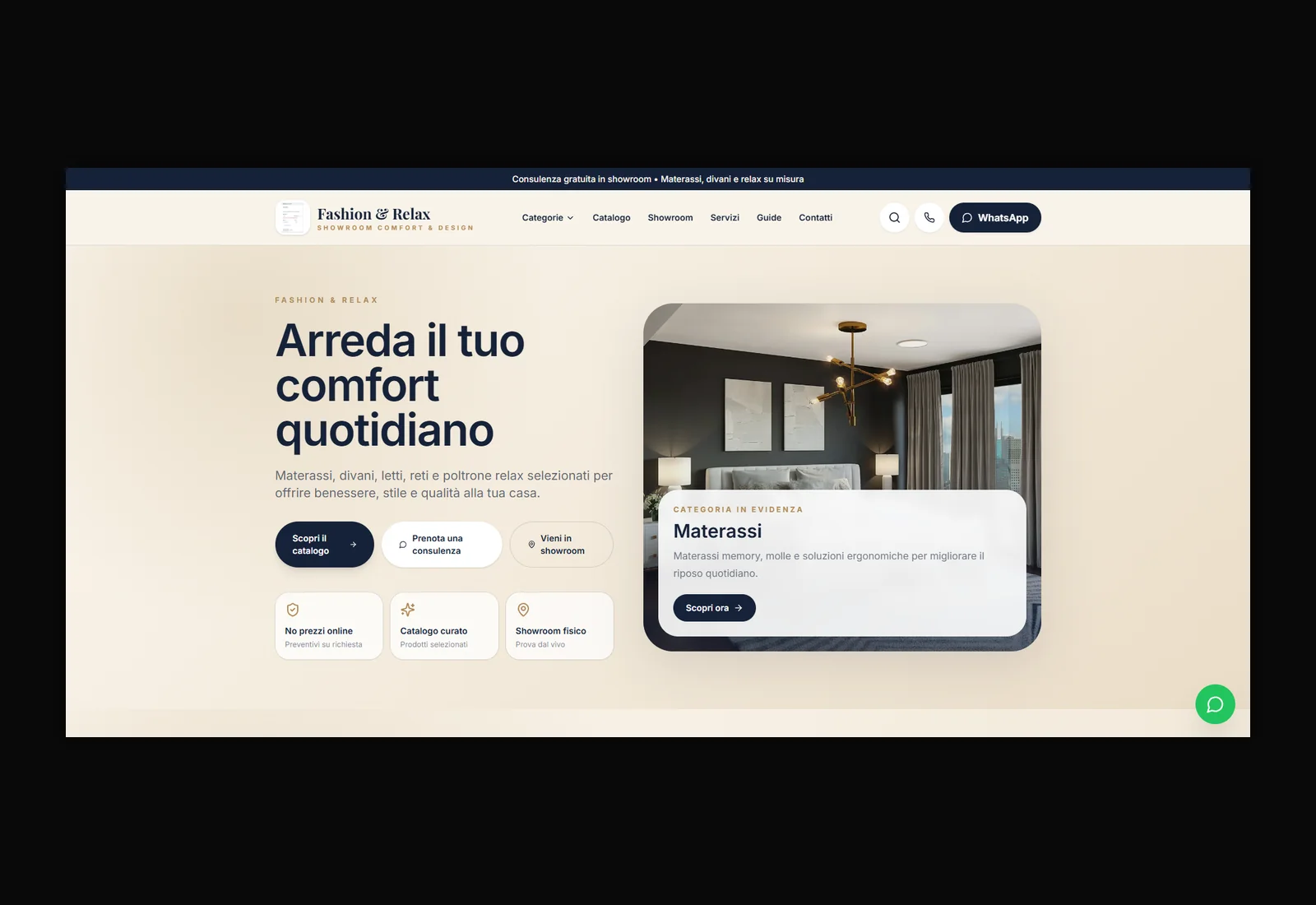 Homepage Fashion & Relax con catalogo, consulenza e showroom